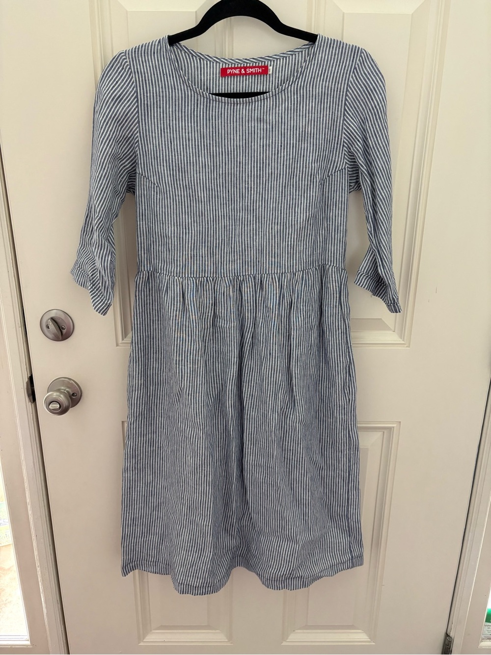 Pyne & Smith No. 40 European Flax Linen Blue and White Ticking Dress Size XS